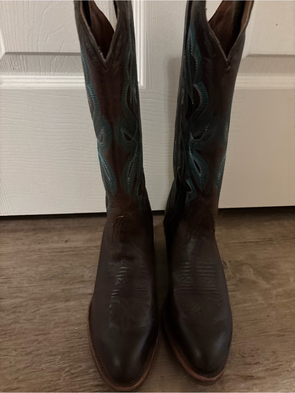 Tony Lama Brown Leather Western Boots with Teal Stitching